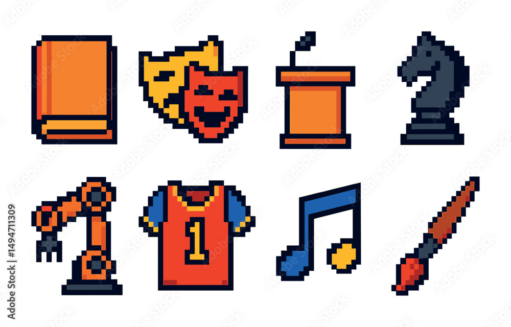 Art and education pixel art icons set – colorful, creative learning symbols Art and education pixel art icons set – colorful, creative learning symbols