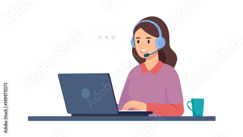 Woman hotline operator wearing headphones and microphone typing on laptop. Call center, customer service, assistance concept. Vector illustration. 