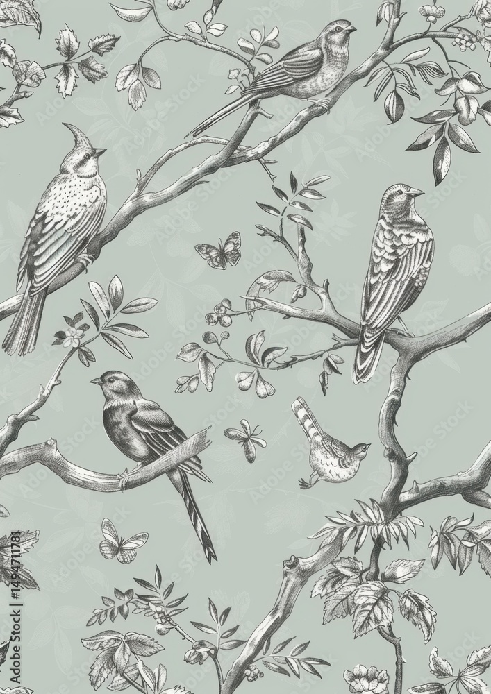 Obraz premium Illustrated birds perched on branches with leaves and butterflies in a vintage style.