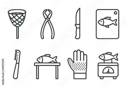 Fishing and cooking line icons set – outline, kitchen, seafood preparation tools
