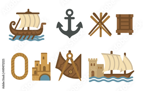 Ancient maritime flat icons set – nautical, ocean navigation, seafaring symbols