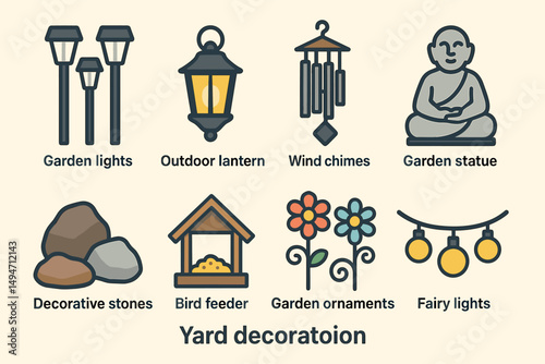 Garden decoration filled icons set – outdoor, yard, decorative elements