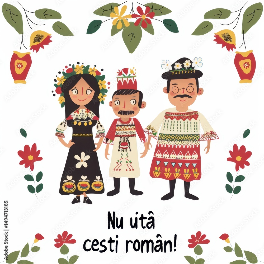 Fototapeta premium Illustration of three people in traditional Romanian attire with folkloric patterns.