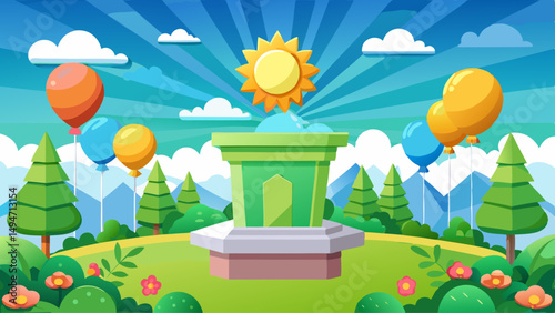 vector of podium in 3d paper cut style on spring summer season scene with sun, clouds, balloons on blue sky banner background.