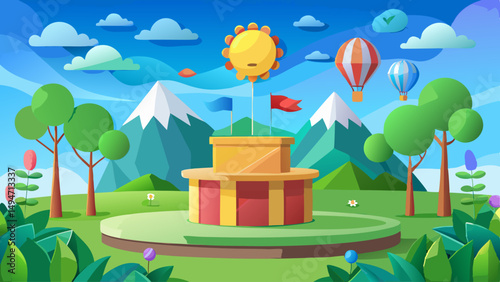 vector of podium in 3d paper cut style on spring summer season scene with sun, clouds, balloons on blue sky banner background.