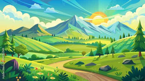 vector of View of summer landscape, green meadows and hills, picturesque sky and sun