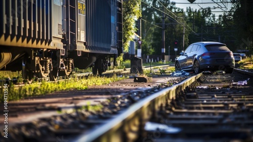 Luxury car parked on railway tracks beside a cargo train in a green, sunlit area.