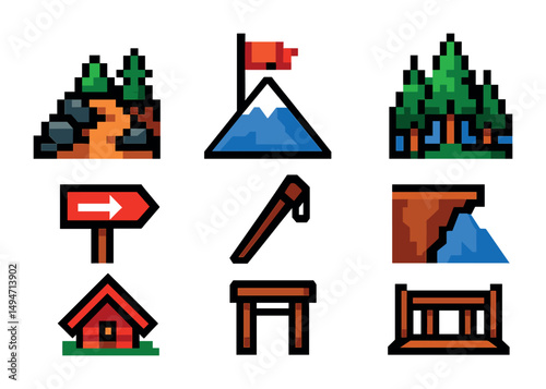 Nature adventure pixel art icons set – hiking, outdoor, exploration symbols