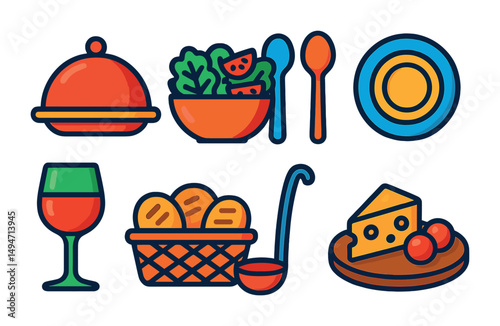 Food and dining flat icons set – culinary, restaurant, kitchen essentials symbols