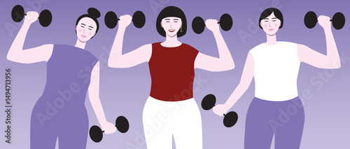 Women fitness with dumbbells for wellness, exercises for asian or chinese people, inclusive flat vector stock illustration