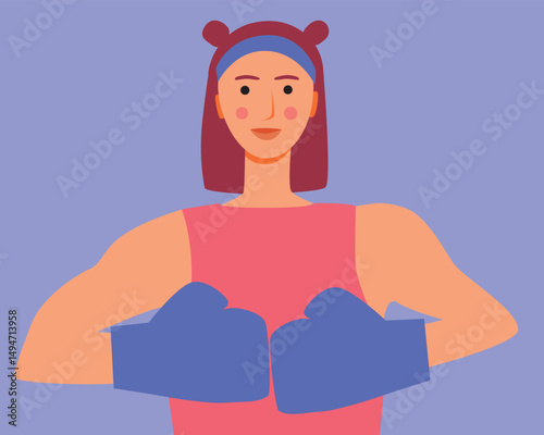 Southeast Asian woman boxing to build strength, endurance, and coordination, flat vector stock illustration