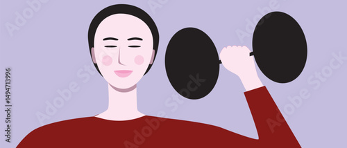 Asian or chinese woman and Strength training routines focusing on muscle-building exercises with dumbbells, inclusive flat vector stock illustration