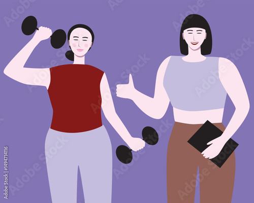 Asian Personal trainer guiding a Chinese or Southeast Asian woman through a customized workout, including strength training, inclusive vector stock illustration
