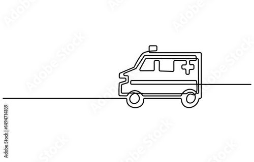 Ambulance vehicle in continuous line art drawing style. Emergency ambulance van with Red Cross symbol black linear sketch isolated on white background. Vector illustration
