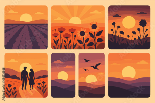 Romantic sunsets and scenic landscapes with silhouettes for artistic designs