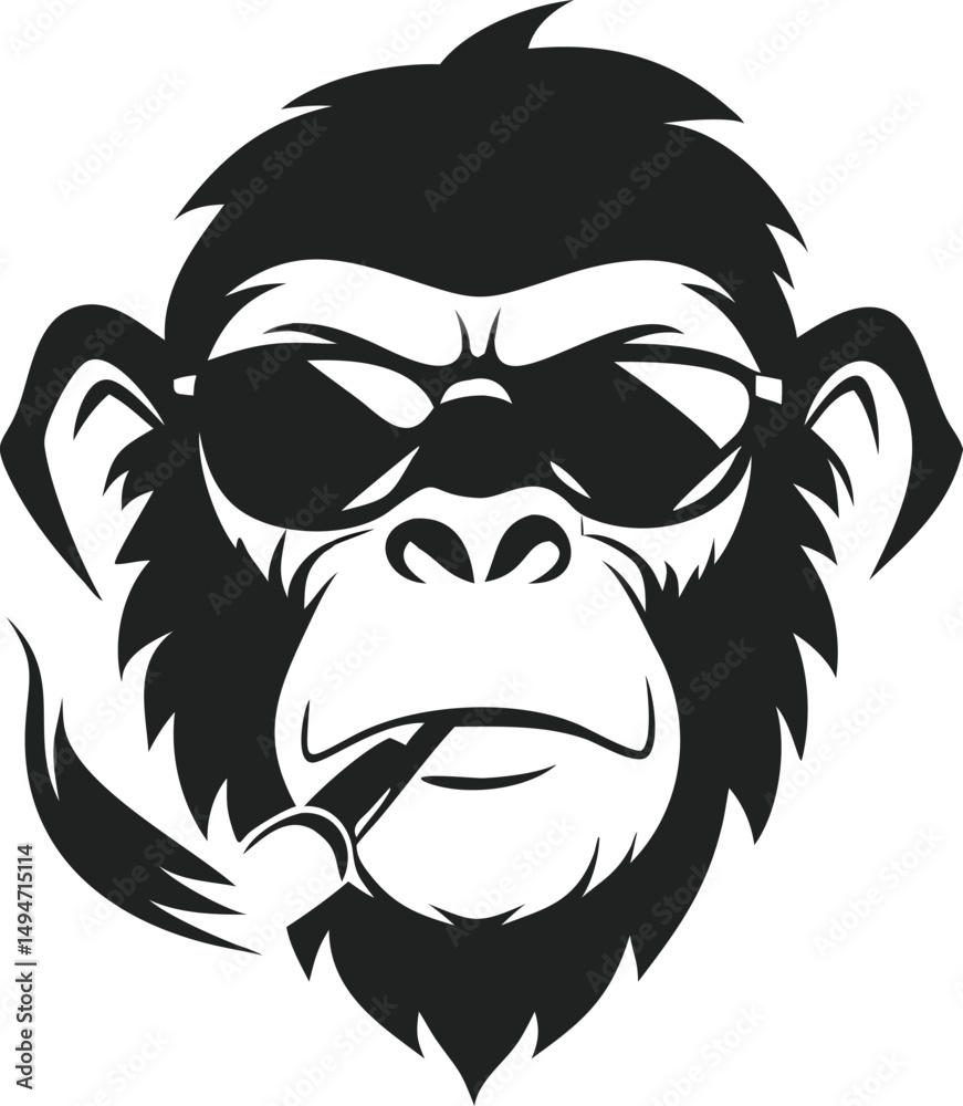 Obraz premium Monochrome Gorilla Portrait with Sunglasses and Cigar Illustration, Vector Isolated on White 