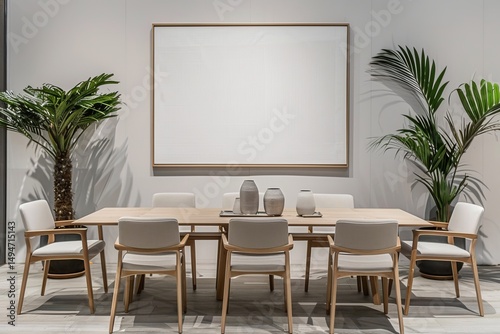 Modern Minimalist Dining Room with Neutral Tones and Greenery