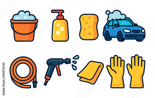 Car wash essentials icons set – flat, outline, cleaning and maintenance graphics