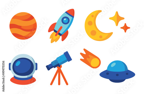 Space exploration icons set – flat, filled, galaxy and astronomy symbols