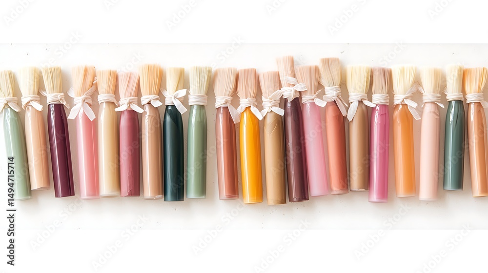Fototapeta premium Aesthetic Display of Colorful Paint Bottles with Natural Bristles on Wooden Background