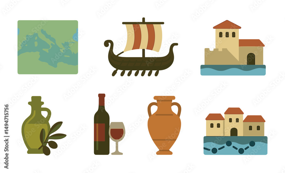Fototapeta premium Ancient greek flat icons set – cultural, historical, mediterranean symbols