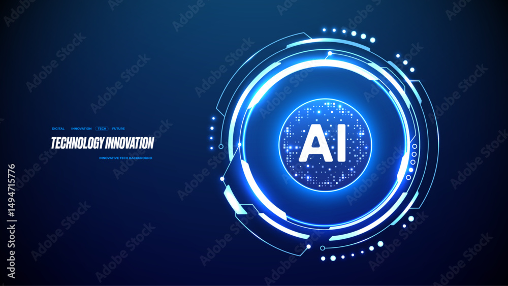 Obraz premium AI tech semiconductor. Abstract neon lightning circle portal with AI quantum chip in a center. Futuristic HUD design element. Artificial intelligence innovation concept. Digital vector illustration.