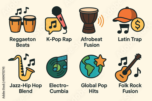 Music genre flat icons set – jazz, hip-hop, global sound symbols