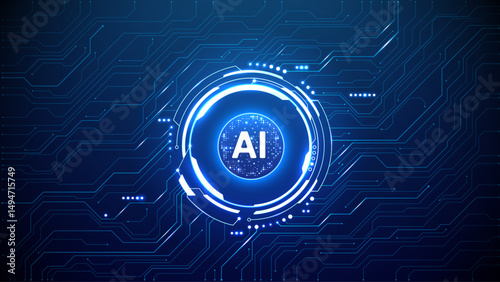 Digital AI quantum chip in a circle light neon HUD frame on circuit board tech background. Futuristic AI semiconductor concept. Abstract artificial intelligence processor with lightning elements. 