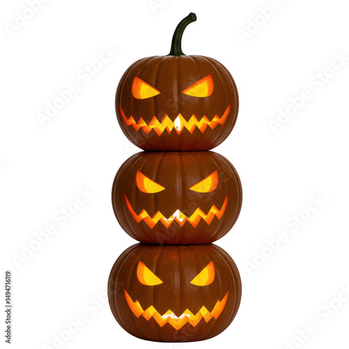 Three stacked jack o lanterns halloween pumpkins isolated on transparent background
