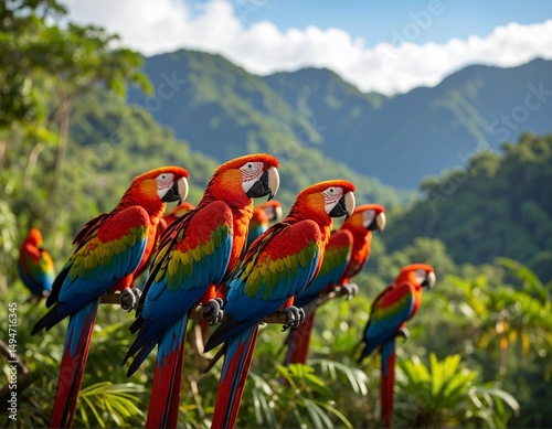 A vibrant macaw in a lush forest setting, with other colorful birds flying in the background. Captured in a beautiful, well-composed scene with rich colors and natural light.