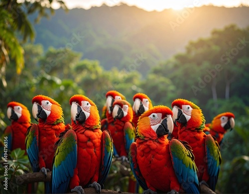 A vibrant macaw in a lush forest setting, with other colorful birds flying in the background. Captured in a beautiful, well-composed scene with rich colors and natural light.
