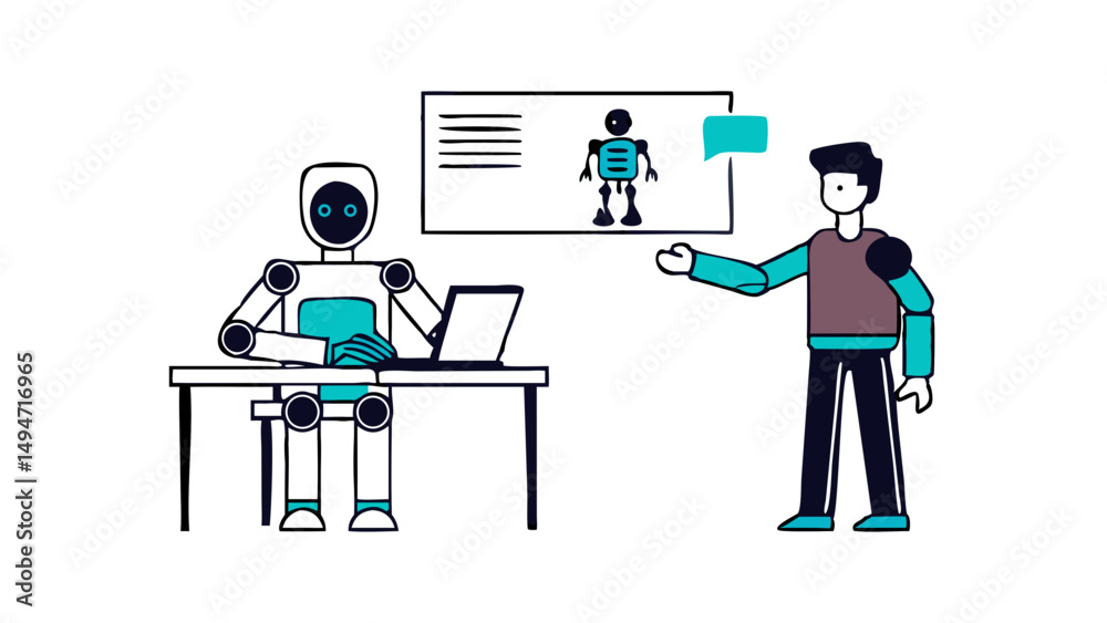 Fototapeta premium AI technology in education. Robot assist teacher by lesson. Character use artificial intelligence generative tools for learning, teaching, exam preparation, educational program. 