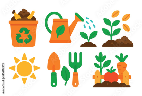 Gardening and plant care icons set – flat, vibrant, eco-friendly gardening symbols
