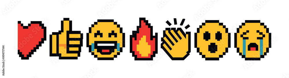 Emoticons and reactions pixel art icons set – 3d, emoji, chat symbols