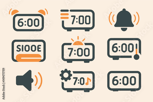 Alarm clock flat icons set – digital, time management, reminder symbols