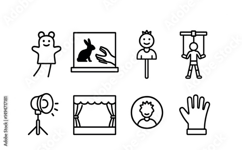 Children's puppet theater outline icons set – flat, linear, performance symbols