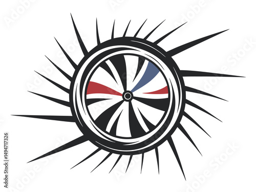 Stylized Jet Engine Turbine Illustration with Radial Spikes, Black and White Design                                                                   