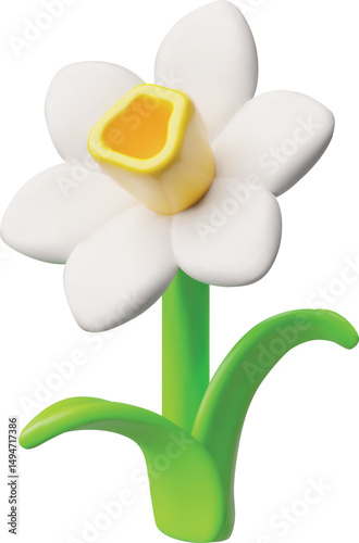 3D vector illustration of white daffodil flower, volumetric plastic icon.