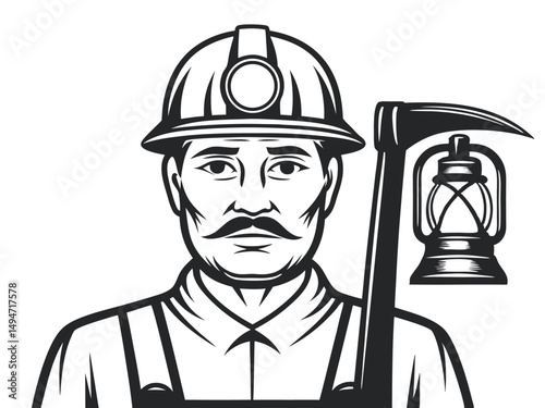 Black and White Illustration of a Determined Miner with Headlamp and Classic Carbide Lamp                                                             