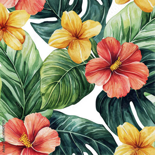 Watercolor tropical floral pattern with hibiscus and monstera leaves art isolated on  transparent  background 