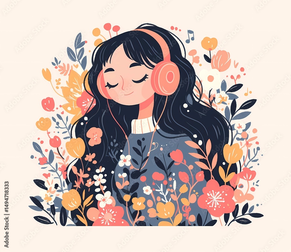 Hand-Drawn Floral Girl Wearing Headphones: Podcast and Music-Themed Illustration
Hand-Drawn Floral Girl Wearing Headphones: Podcast and Music-Themed Illustration