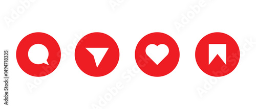 Like, comment, share, and save icon vector of social media. Love, speech bubble, paper plane, favorite sign symbol