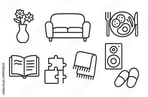 Home and lifestyle outline icons set – minimalist, line art, everyday essentials