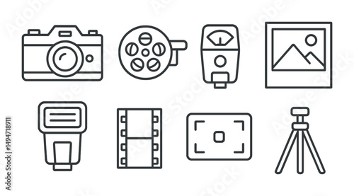 Photography and film outline icons set – camera, linear, media and imaging symbols
