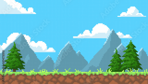 Pixel art game background with ground, mountains, fir trees, clouds on blue sky, vector 8bit video game nature landscape