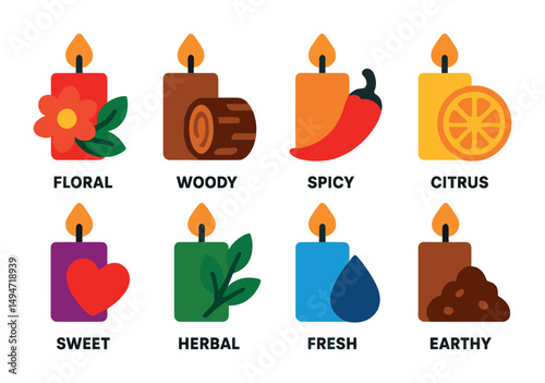 Aromatic scent icons set – flat, filled, fragrance and spa design symbols