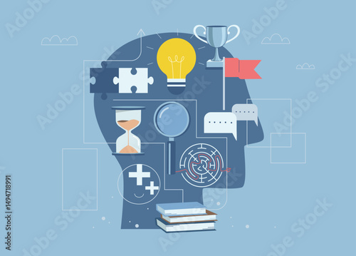 Soft skills in the human head for business, Basic skills symbols for work, Creativity, Problem solving, Time management, Communication, Leadership, Positive attitude, Teamwork, Vector.