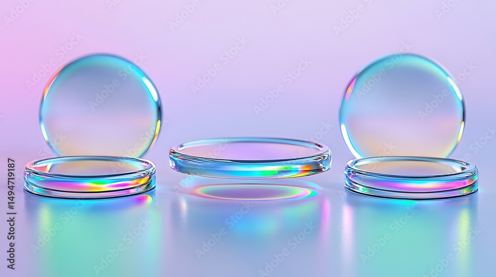 Colorful Glass Elements with Reflections and Rainbow Hues on a Soft Gradient Background Colorful Glass Elements with Reflections and Rainbow Hues on a Soft Gradient Background