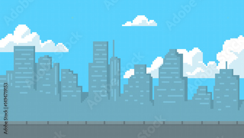 Pixel art cityscape game background, vector silhouettes of buildings and skyscrapers scene for 8 bit arcade video games