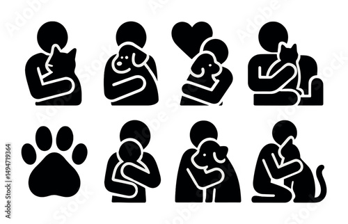 Pet silhouette icons set – solid, filled, animal care and love symbols